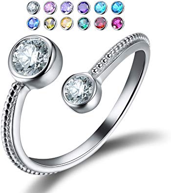Esberry ✦Gifts for Christmas 18K Gold Plated 925 Sterling Silver Birthstone Adjustable Rings Birth Month Open Rings for Women and Girls