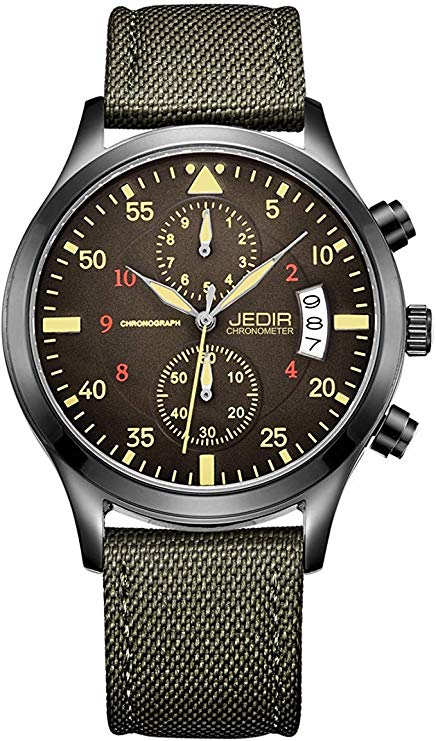 JEDIR Men's Black Leather Multifunction Watch Rose Gold Bezel Analog Date Chronograph Dial