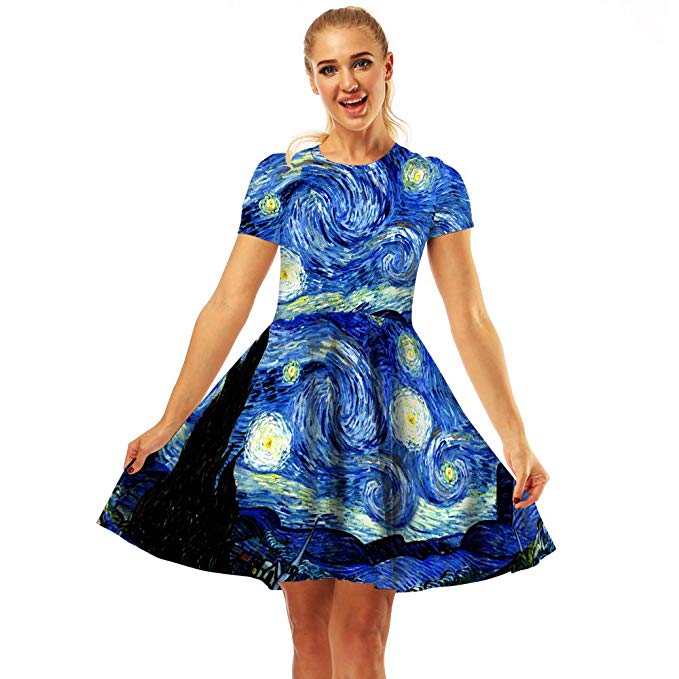 Plustrong Women’s Swing Dresses 3D Print Short Sleeve Casual Flared Midi Dresses