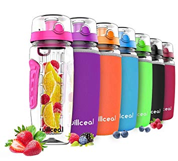 Willceal Fruit Infuser Water Bottle 32oz Durable, Large - BPA Free Tritan, Flip Lid, Leak Proof Design - Sports, Camping