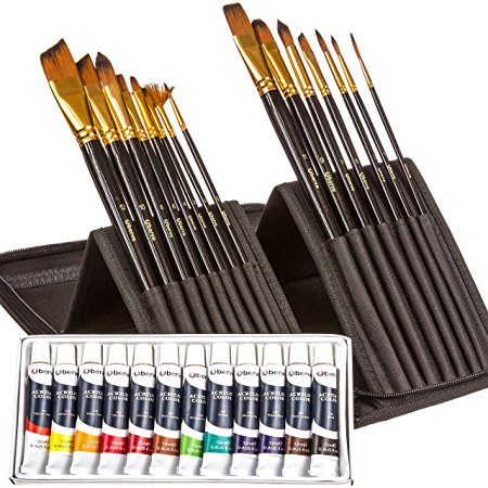 Uberve 2-in-1 Artist Set - 15 Paint Brushes   12 Acrylic Paint Set – Art Brush Set and Paint for Watercolor, Acrylic, Oil & Face Painting – Acrylic Painting Set