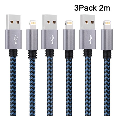 iPhone Charger Cable, Boomile 2m/6ft Nylon Braided Lightning Cable to USB iPhone Charging Cable for iPhone 7/6/6s/5/5s/iPad Mini/iPad Pro(3 pack, Blackblue)