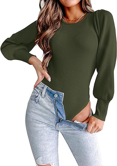 MASCOMODA Long Puff Sleeve Sweaters for Women 2023 Fall Winter Crewneck Knit Ribbed Bodysuit Pullover Tops