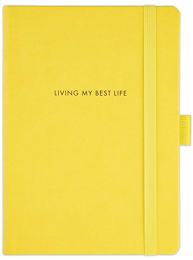 TDP Journal Notebook, Dotted, A5, Vegan Leather Hardcover, 120gsm, 183 Numbered Pages, Pen Holder, Back Pocket - Living My Best Life, Yellow