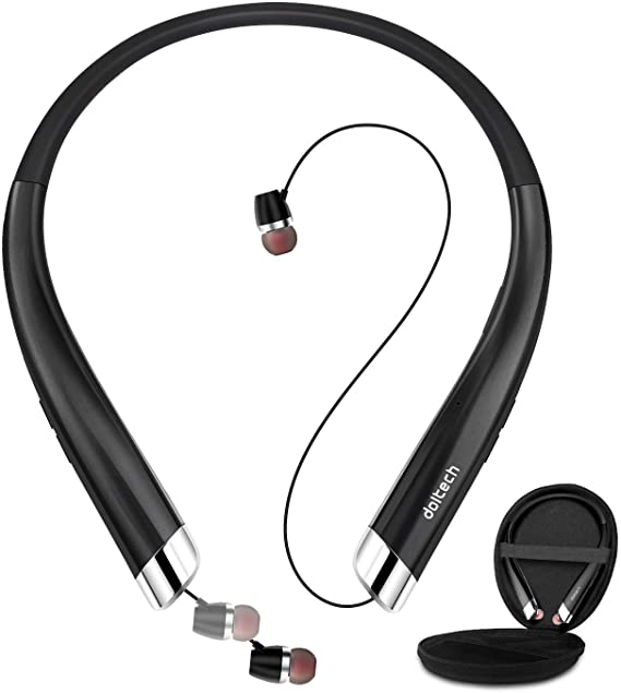 Bluetooth Headphones, Doltech Bluetooth 5.0 Neckband Wireless Headphones Noise Cancelling Headset with Carrying Case, Retractable Earbuds Stereo Earphones with Mic (Black)