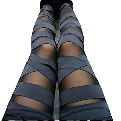 Dikoaina Women Girls Sexy Solid Color Bandage Mesh Leggings, Black, One Size