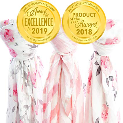 Muslin Swaddle Blanket Set 'Petal' Large 47x47 inch | Super Soft Bamboo Blankets | Peony Flowers and Florals | 3 Pack Baby Shower Gift Bundle of Swaddles for Girls | 10,000 Wash Warranty