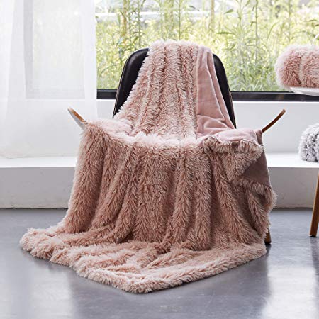 GONAAP Super Soft Faux Fur Shaggy Luxurious Blanket Cozy Fuzzy Reversible Throw Blanket for Coach Bedroom Pink