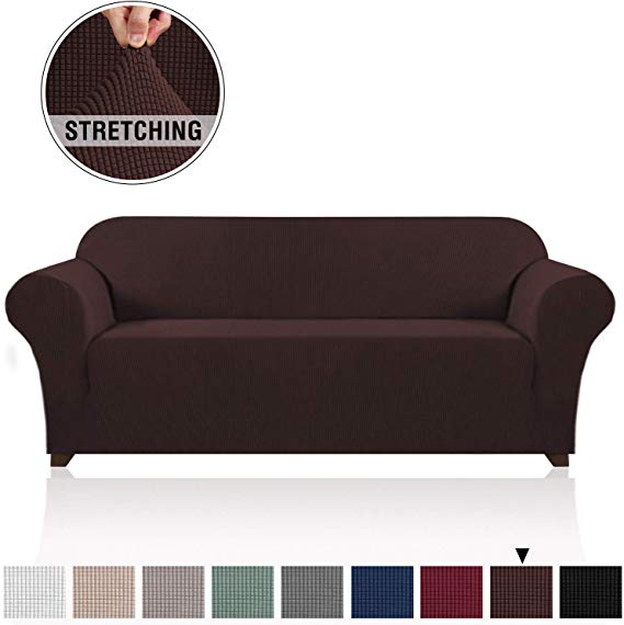 High Stretch Sofa Covers for 3 Cushion Couch Sofa Cover/Slipcover Whole Covered Furniture Protector with Elastic Bottom Polyester Spandex Jacquard Small Checks Pet Protector (Sofa, Brown)