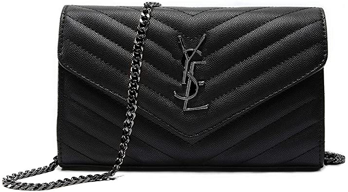 Simple Women Small Vegan Leather Crossbody Bag Quilted Shoulder Purse With"Y" Black Chain Strap(Black Logo)