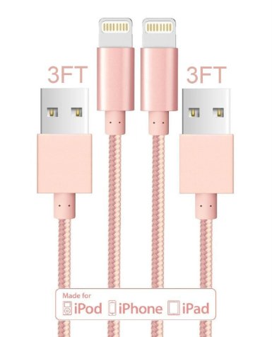 Winky(TM) 3.4 Ft Nylon Braided Strengthen Anti-interference Lighting to USB Sync Cable Charger Cord for iPhone 6s Plus, 6s,6, 5, iPad, iPod Lifetime Guarantee (2-Pack Rose Gold)