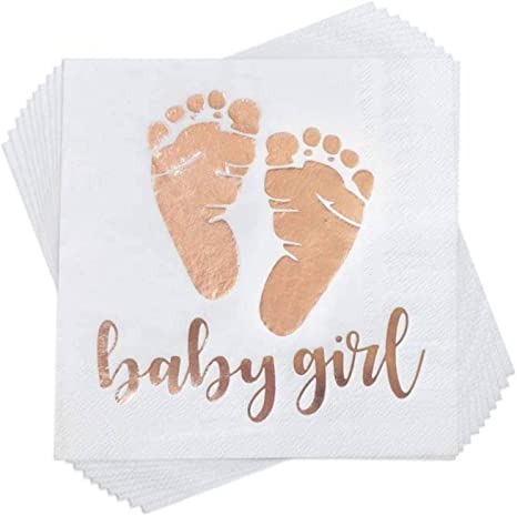 Trgowaul 100 Pack Baby Girl Shower Napkins Rose Gold Baby Girl Letters and Baby Footprint Pattern Beverage Napkins 3-Ply White Paper Cocktail Napkins for Girl Baby Shower Party
