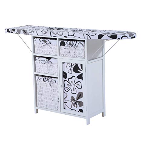 HOMCOM Collapsible Ironing Board and Shelf Unit with Storage - Hawaiian Flowers