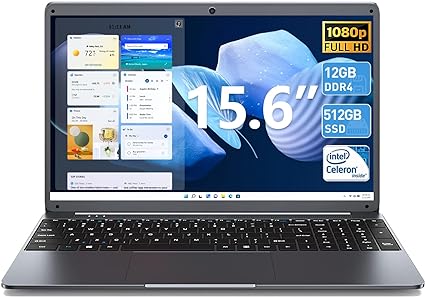 SGIN Laptop 12GB RAM 512GB SSD, 15.6 Inch Laptops with Intel Celeron Quad-Core Processor(up to 2.9 GHz), Full HD 1080P Screen, Mini HDMI, 2.4/5.0G WiFi, Webcam, Bluetooth 4.2, Grey