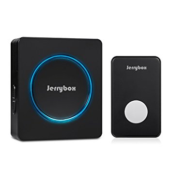 Wireless Doorbell, Jerrybox DT52 Waterproof Door Bell Chime Kit, 48 Melodies, 1000ft / 300m Range, 1 Push Button & 1 Plug-in Receivers, Black with LED Flash Light