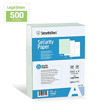 SecurityDocs Security Paper – 8.5 x 11 Inches, 500 Sheet Supply, Copy and Tamper Resistant, Pantograph, Inkjet and Laser Printer Compatible, Federal CMS Certified - Legal Green (59126)