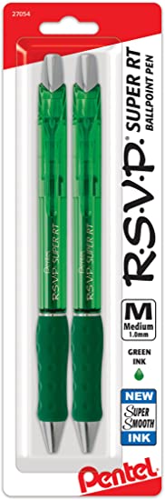 Pentel RSVP Super RT Ballpoint Pen, (1.0mm) Medium Line, green Ink, 2-Pk - BX480BP2D