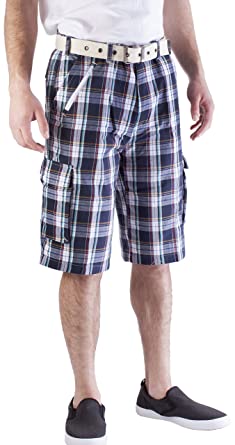 Vertical Sport Men's Cotton Premium Twill Multi Pocket Belted Plaid Cargo Shorts