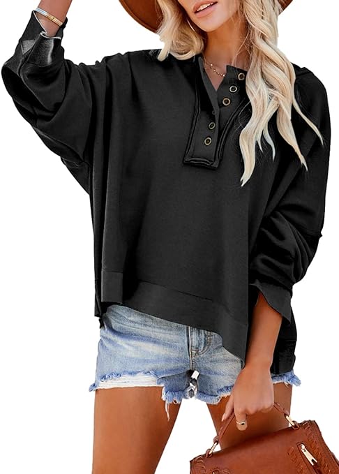 Dokotoo Women's V Neck Button Down Long Sleeve Crop Hoodies Loose Pullover Hooded Sweatshirts Tops