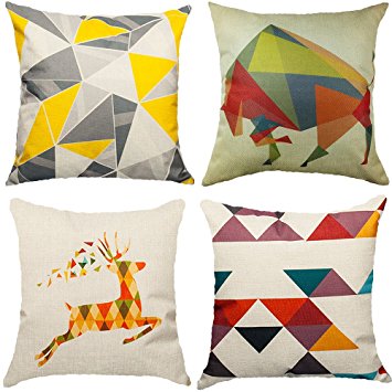 TongXi Geometric Style Decorative Throw Pillow Covers For Sofa 18x18 inches Pack of 4,1xLucky Bull,1xHappy Deer,2xColor Triangle