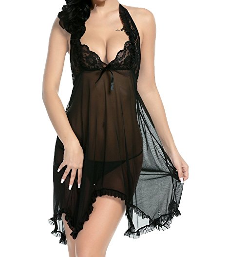 Bluetime Womens Sexy Lingerie Hi Low Dress See Through Halter Babydoll Sleepwear