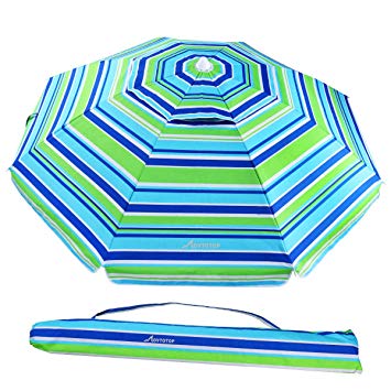 MOVTOTOP Beach Umbrella, 6.5ft Sand Anchor with Tilt Aluminum Pole, Portable UV 50  Protection Beach Umbrella with Carry Bag for Outdoor Patio, Blue/Green