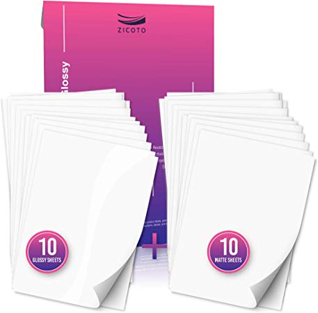 Premium Printable Vinyl Sticker Paper for Your Inkjet Printer - 10x Glossy and 10x Matte Waterproof Sheets - Dries Quickly and Holds Ink Beautifully