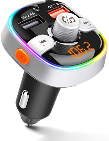 ZEEPORTE Bluetooth FM Transmitter for Car, QC3.0 Wireless Radio Bluetooth Adapter Music Player Charger Car Kit with Hands Free, 7-Colors LED Backlit, 2 USB Ports, Support TF Card USB Flash Drive