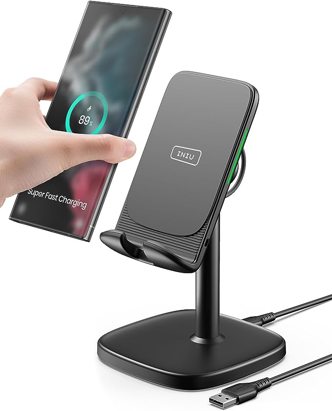 INIU Wireless Charger Stand, 15W Fast Wireless Charging Stand, Adjustable Angle Charger Dock Phone Holder, Wireless Charging Station Compatible with iPhone 15 14 13 12 11 Pro/Max Samsung S22 S21 Pixel