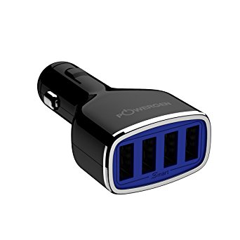 PowerGen Smart 4 Port 9.6A 48W USB Car Charger Designed for iPhone, iPad, iPod, Samsung Galaxy, HTC, Android, Windows Phones, 2.4A*4 Max Output - Black