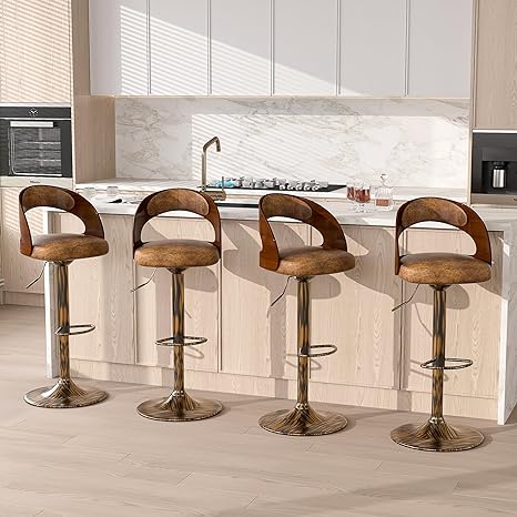 VECELO Bar Stool Set of 4, Kitchen Island Stools with Bentwood Back,Arm&Footrest, PU Leather Cushion Seat Adjustable Height 360° Swivel Barstools for Club Pub,Kitchen Dining Room,Dark Brown