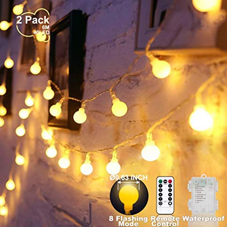 ANJAYLIA 2 Pack Globe String Lights Fairy Lights Battery Operated 20ft 40LED Warm White String Lights with Remote Waterproof Indoor Outdoor Decorative Christmas Lights for Home Party Patio Garden