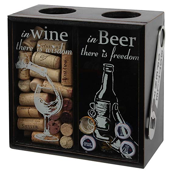 Lily's Home Wine Cork Holder and Beer Cap Holder, Wooden Wine Cork and Beer Caps Shadow Box with Beer Cap Opener