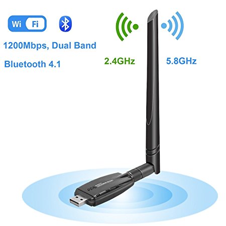 Powerful 5G USB WiFi Bluetooth Combo Adapter, WiFi Network Adapter LAN Card AC1200 Dual Band 2.4G/300Mbps 5.8G/867Mbps 5dBi Antenna for Desktop/Laptop/PC