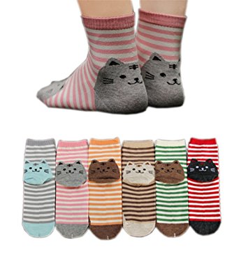 AnVei-Nao Womens Girls Stripe Cute Cat Cotton Soft Pattern Crew Socks 6 Pairs