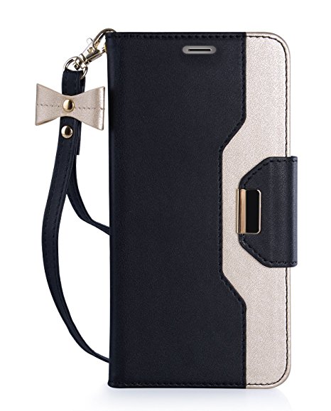 iPhone 7 Case, FYY [RFID Blocking wallet] [Makeup Mirror] Premium PU Leather iPhone 7 Wallet Case with Cosmetic Mirror and Bow-knot Strap Black Gold