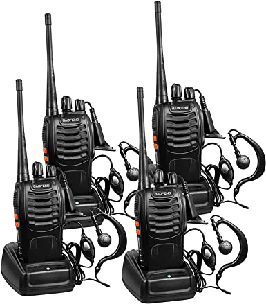 BaoFeng Walkie Talkies Rechargeable Long Range Two-Way Radios with Earpiece 4 Pack BF-888S UHF FRS for Adult Kids Li-ion Battery and Charger Included