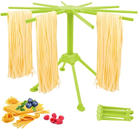 Pasta Drying Rack, Collapsible Pasta Rack with 10 Bar Handles, Quick Set-Up drying rack, Widely-Used Spaghetti Folding Drying Rack for Kitchen, Easy Storage Stand Pasta Dryer for Home Use（Green）