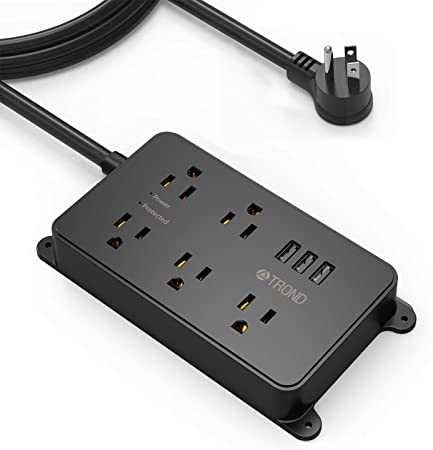 Surge Protector Power Bar with USB, 10 Feet Long Extension Cord Indoor, TROND Flat Plug Power Strip With 3 USB Ports, 5 AC Outlets, 1300 Joules Surge Protection ,Compact desk computer wall mount bracket, suitable for home, office, dormitory, Black