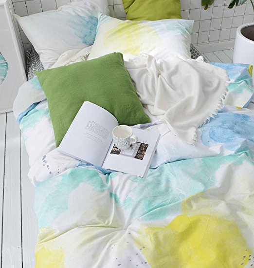 Watercolor Duvet Cover Set, 100% Cotton Bedding, Teal Blue Yellow Gray Painting Pattern Printed on White, with Zipper Closure (3pcs, Queen Size)