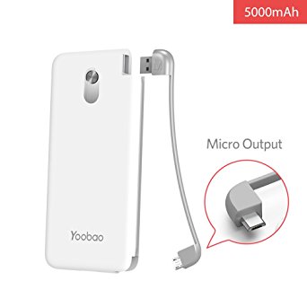 Portable Charger with Built-in Micro Yoobao S5K 5000mAh External Battery Cable Charger Slim Travel Power Bank, Compatible for Android Phones Xiaomi Huawei etc, Great New Year Gift-White