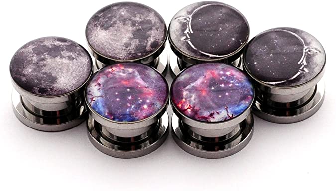 Set of 3 pairs Screw on Picture Plugs - Set #1 - (Full Moon, Moon Style 2, Galaxy) - All 3 pairs included