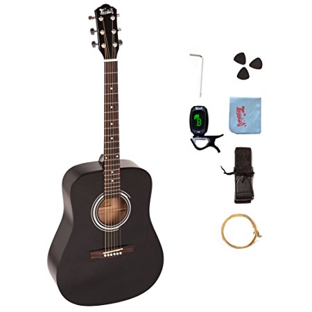Trendy 41 Inch Full Size Dreadnought 6 Steel String Beginner Acoustic Guitar Package with Clip-On E-Tuner, Extra Strings, Strap, Picks and Polishing Cloth, Guitar Stand- Black