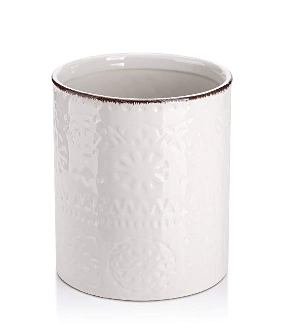 DOWAN Utensil Holder, Ceramic Kitchen Utensil Holder with Cork Mat, Embossed Utensils Holder, White