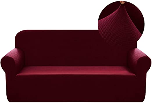 Chelzen Stretch Sofa Covers 1-Piece Polyester Spandex Fabric Living Room Couch Slipcovers (Loveseat, Wine Red)
