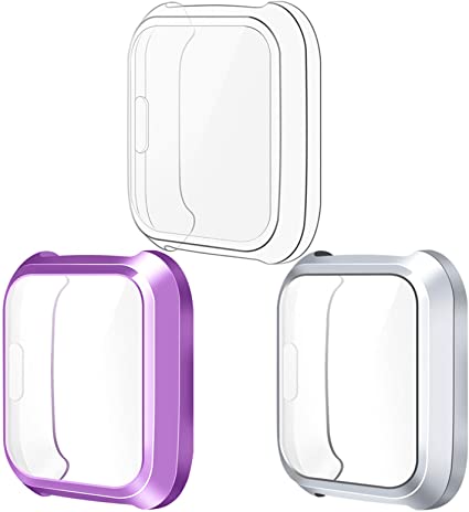 KIMILAR Screen Protector compatible with Fitbit Versa Lite (Not for Versa/Versa 2), (3 Pack) TPU Plated Screen Bumper Protective Case Cover for Versa Lite Edition, Transparent Purple Silver