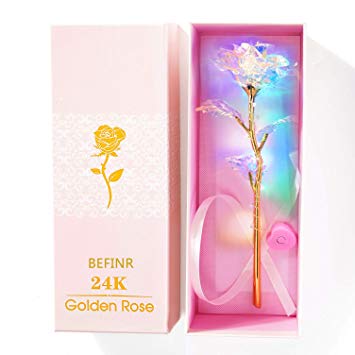 BEFINR 24K Colorful Luminous Rose Artificial LED Light Flower Unique Gifts Mother's Day Thanksgiving Valentine's Day Girl's Birthday Party, Best Gifts for Wife Girl Friend Women