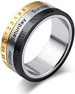 JAJAFOOK Men's Three Color Calendar Ring Time Spinner Band Ring