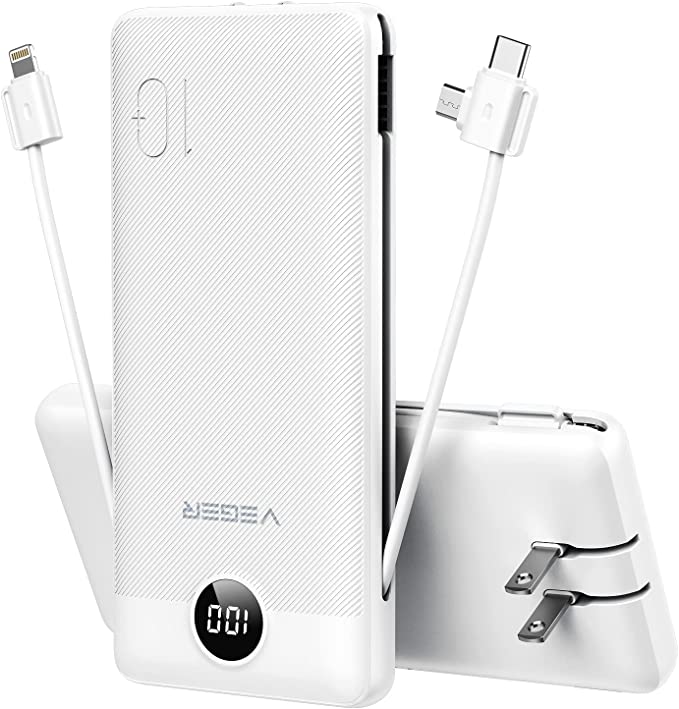 VEGER Portable Charger for iPhone Built in Cables Fast Charging USB C Slim 10000 Power Bank, Wall Plug USB Battery Pack for iPhones, iPad, Samsung More Phones Tablets (White)