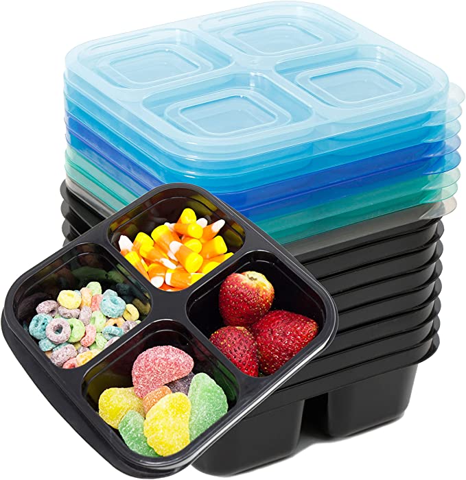 Youngever 8 Sets 4-Compartment Reusable Snack Box Food Containers, Bento Lunch Box, Meal Prep Containers, Divided Food Storage Containers, in 8 Coastal Colors